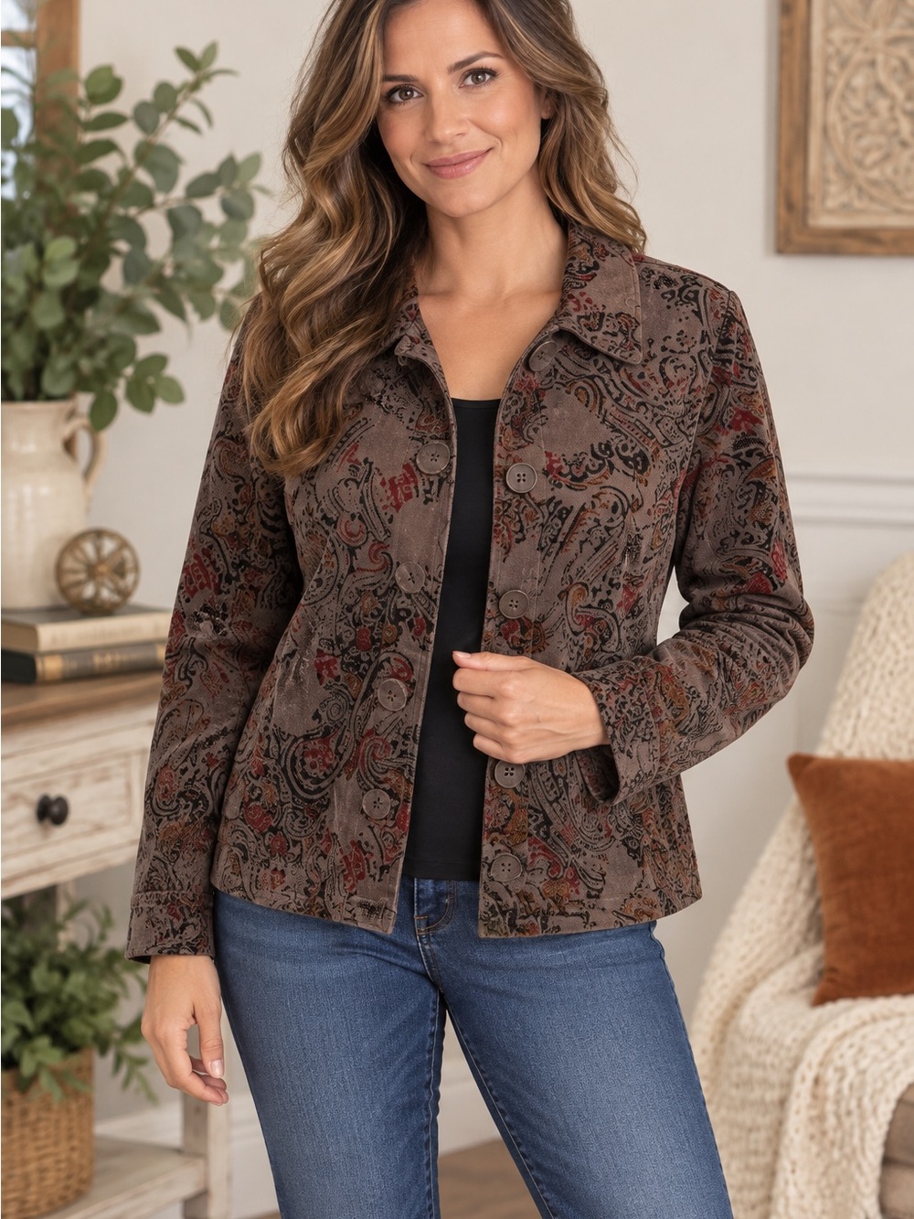 Christopher & Banks Jacket Womens Size Medium Brown Paisley Button Front Velour